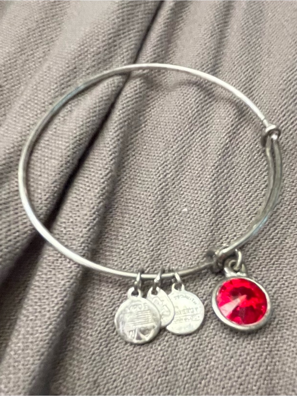Alex & Ani Silver Charm Bangle Bracelet with Ruby Crystal Charm July Birthstone